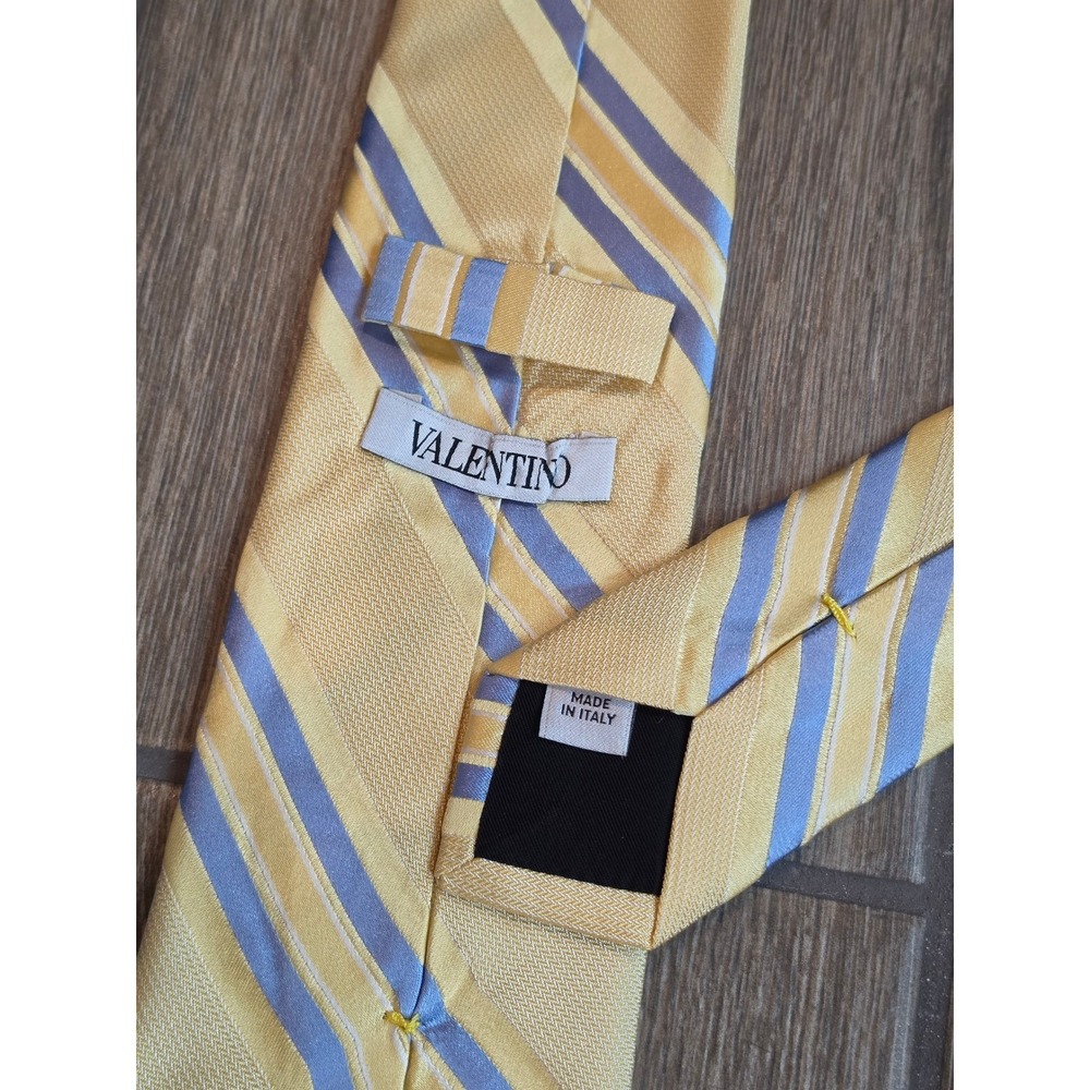 Valentino Mens Silk Tie Yellow Gold Blue Diagonal Stripe Made in Italy Designer - Picture 2 of 4